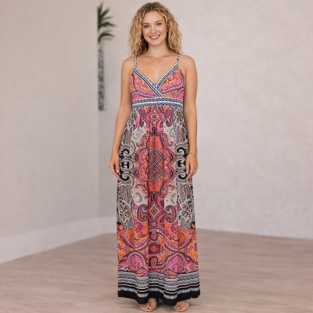 MSK Womens Maxi Dress Spaghetti Strap VNeck White Orange Pink Black NWOT Size 12